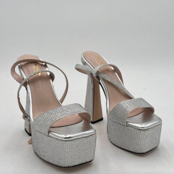 XYD Silver Platform Crystal Block Heels Sandals Open Square Toe Ankle Strap Shoe - Picture 4 of 8